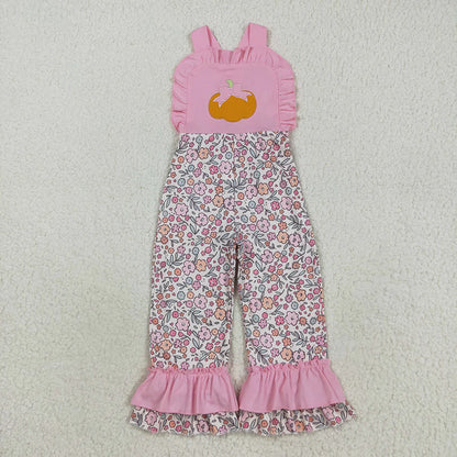 Sibling Embroidery Ghost Pumpkins Baby Girls Strap Floral Fall Halloween Ruffle Jumpsuits C8.26