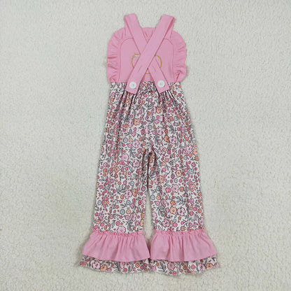 Sibling Embroidery Ghost Pumpkins Baby Girls Strap Floral Fall Halloween Ruffle Jumpsuits C8.26