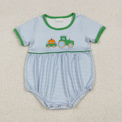 Sibling Baby Boys Blue Stripe Embroidery Pumpkin Truck Top Short Fall Clothes Sets Rompers C10.14