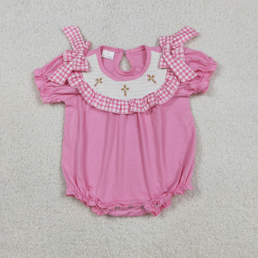 RTS SR3250 Smocked Crosses Baby Girls Bows Short Sleeve Easter Ruffle Rompers