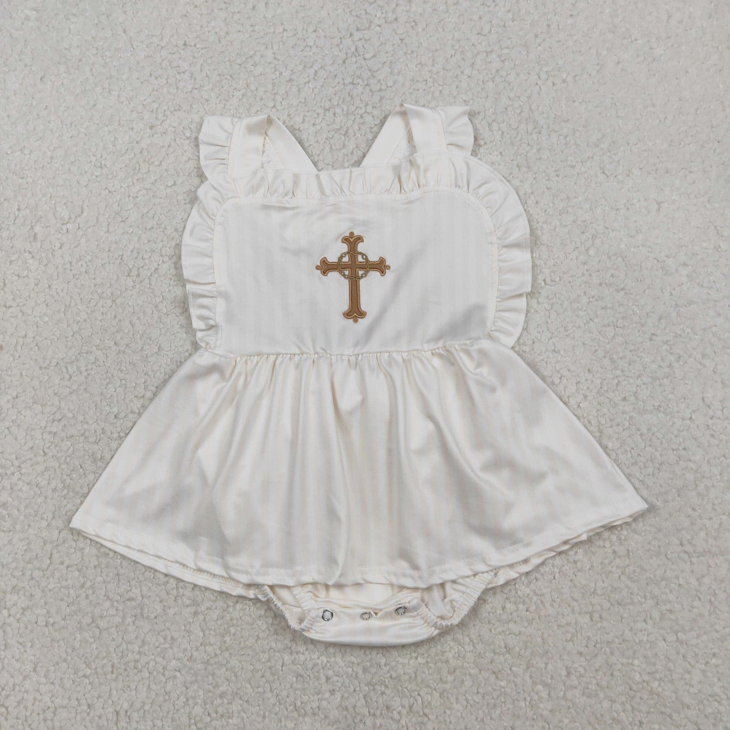 RTS SR3306 Embroidery Cross Baby Girls Strap Tunic Bummies Easter Ruffle Rompers