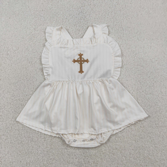 RTS SR3306 Embroidery Cross Baby Girls Strap Tunic Bummies Easter Ruffle Rompers