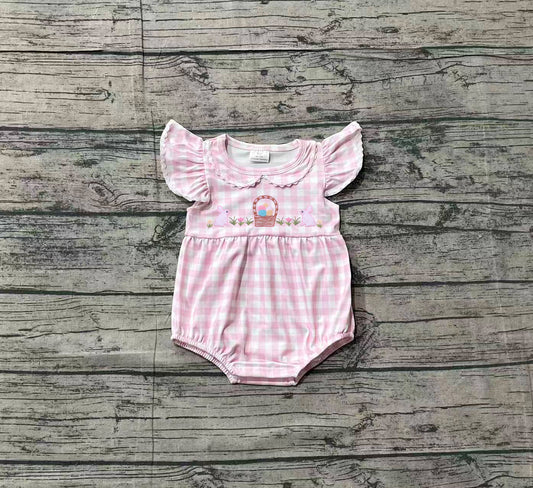 Sample SR3314 Cute Embroidery Rabbits Eggs Baby Girls Pink Checked Easter Ruffle Rompers