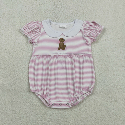 RTS SR3476 Embroidery Bow Dogs Baby Girls Pink Stripe Collar Ruffle Rompers