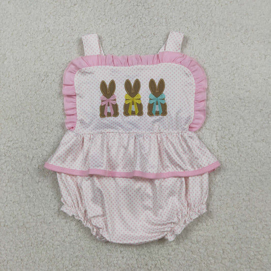RTS SR3477 Embroidery Rabbits Baby Girls Strap Polka Dots Easter Ruffle Rompers