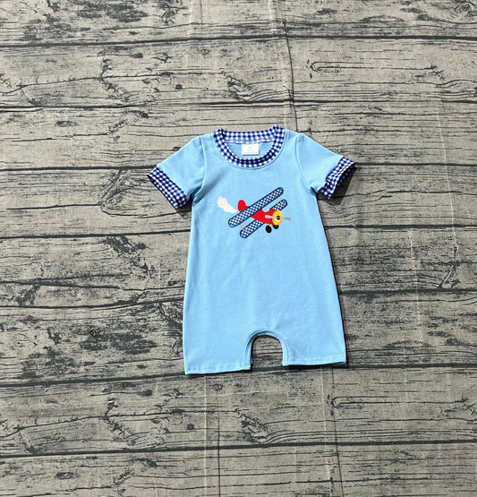Sample SR3543 Cute Embroidery Embroidery Planes Baby Boys Blue Short Sleeve Rompers