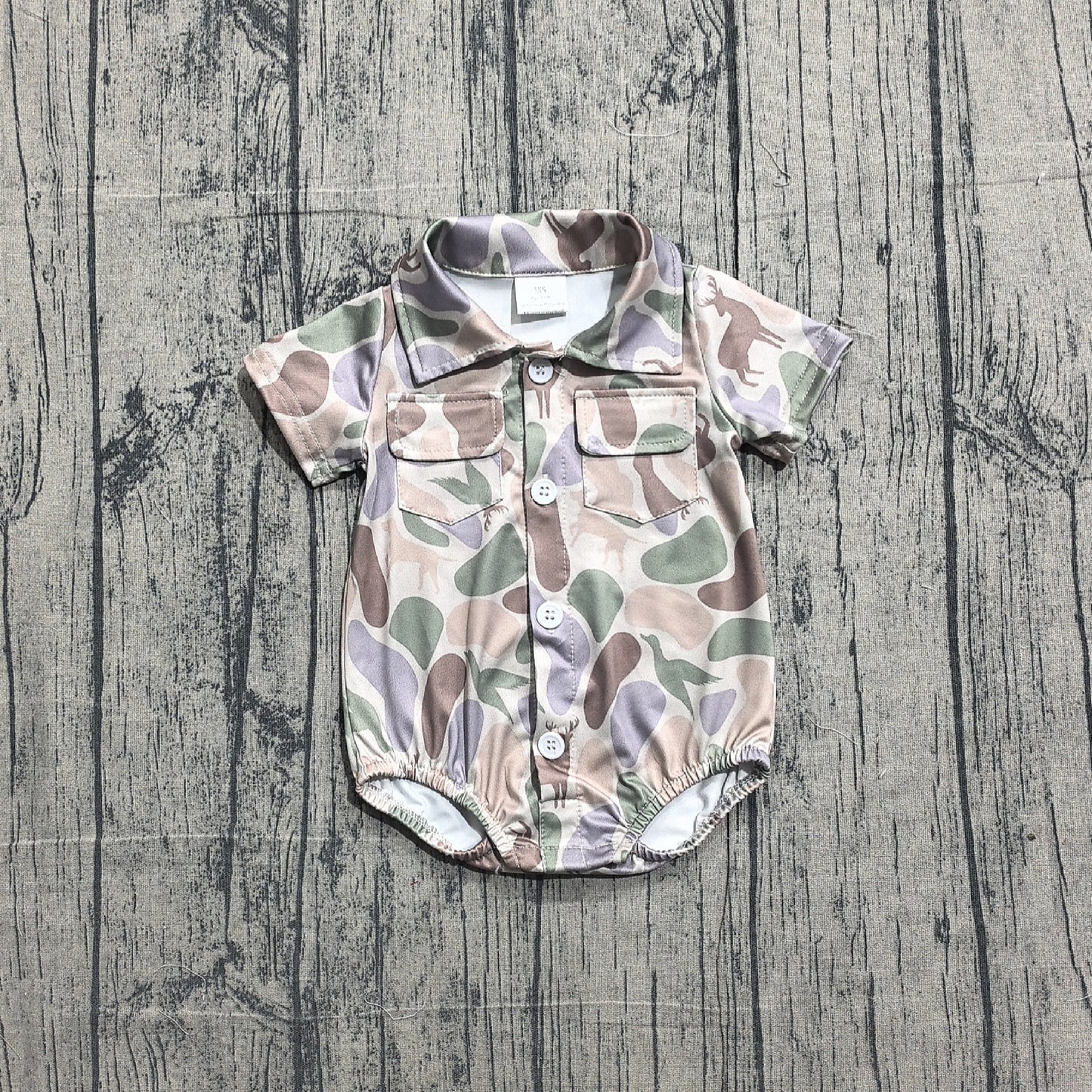 Sample SR3544 Cute Baby Boys Ducks Dogs Deer Camo Pockets Hunting Rompers