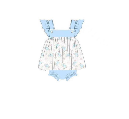 C11.15 SR3553 Baby Girls Blue Flowers Tunic Bummies Ruffle Rompers Preorder