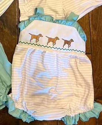 C11.17 SR3558  Baby Girls Strap Dogs Stripe Hunting Ruffle Rompers Preorder