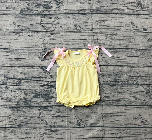 Sample SR3561 Cute Baby Girls Pink Flowers Bows Flutter Sleeve Ruffle Rompers