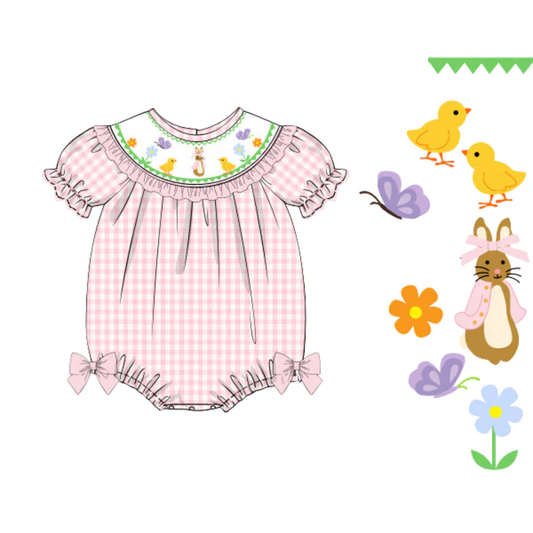 C11.17 SR3565 Baby Girls Pink Checked Rabbits Chicks Easter Ruffle Rompers Preorder