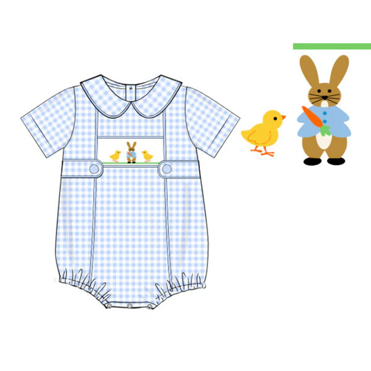 C11.17 SR3566 Baby Boys Blue Checked Rabbits Chicks Easter Collar Rompers Preorder