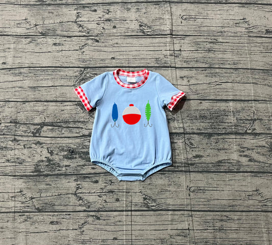 Sample SR3577 Cute Embroidery Fishing Baby Boys Blue Short Sleeve Hunting Rompers