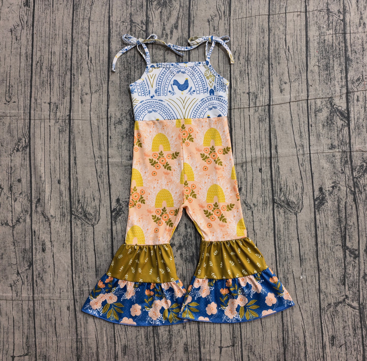 Sample SR3582 Cute Baby Girls Strap Farm Chicks Floral Patchwork Bell Bottom Jumpsuits