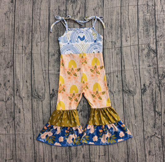 Sample SR3582 Cute Baby Girls Strap Farm Chicks Floral Patchwork Bell Bottom Jumpsuits