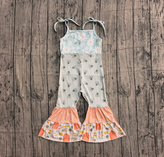 Sample SR3587 Cute Baby Girls Strap Farm Chicks Trucks Patchwork Bell Bottom Jumpsuits