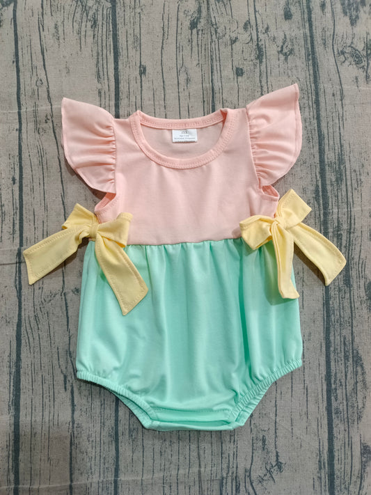 Sample SR3662 Cute Baby Girls Flutter Sleeve Pink Aqua Bows Ruffle Rompers