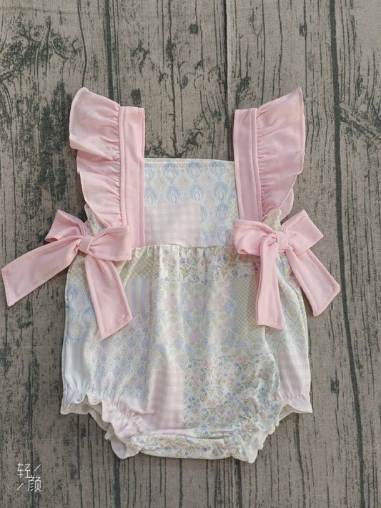 Sample SR3675 Cute Baby Girls Pink Flutter Sleeve Bows Flowers Checked Ruffle Rompers
