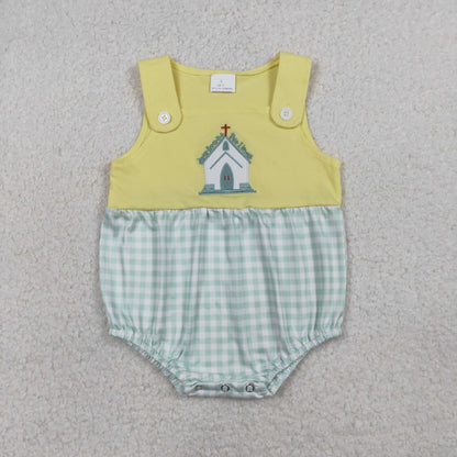 RTS SR3703 Embroidery Church Cross Baby Boys Sleeveless Checked Rompers