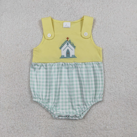 RTS SR3703 Embroidery Church Cross Baby Boys Sleeveless Checked Rompers