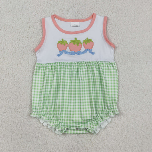 RTS SR3725 Embroidery Bows Strawberry Baby Girls Green Checked Ruffle Rompers