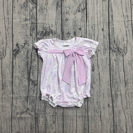 Sample SR3730 Cute Baby Girls Short Sleeve Lavender Flowers Checked Bows Ruffle Rompers