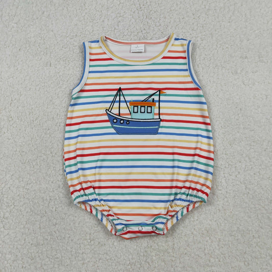 RTS SR3733 Embroidery Boats Baby Boys Sleeveless Colorful Stripe Rompers
