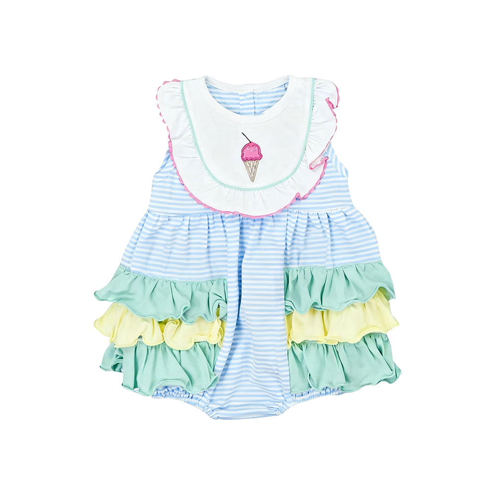 C12.4 SR3741 Baby Girls Sleeveless Blue Stripe Ice Cream Bubbly Ruffle Rompers Preorder