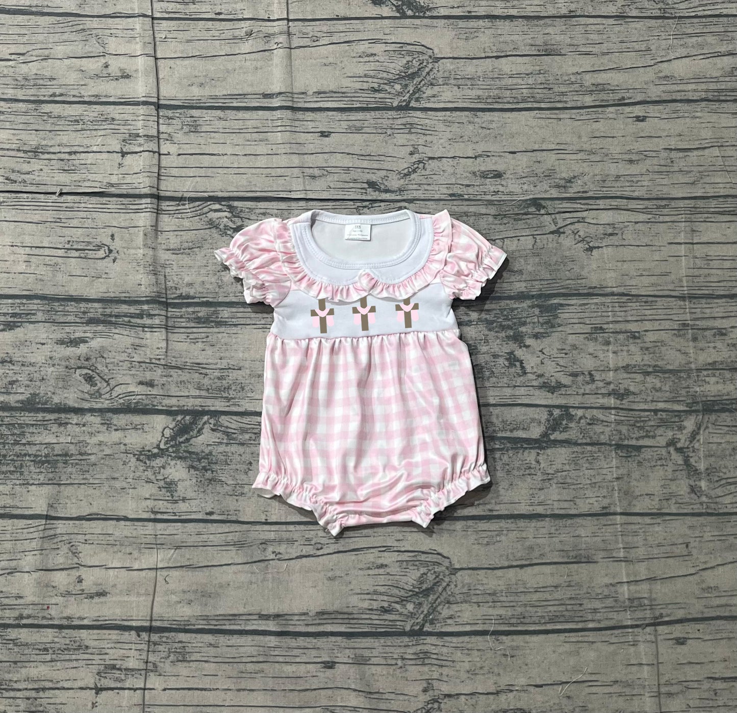 Sample SR3756 Cute Embroidery Crosses Baby Girls Collar Pink Checked Easter Ruffle Rompers