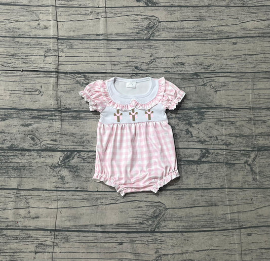 Sample SR3756 Cute Embroidery Crosses Baby Girls Collar Pink Checked Easter Ruffle Rompers