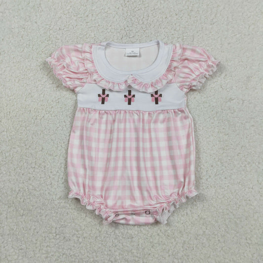RTS SR3756 Embroidery Crosses Baby Girls Pink Checked Easter Collar Ruffle Rompers