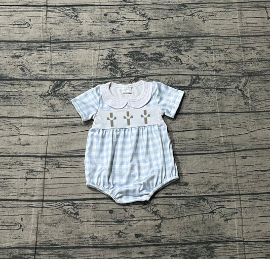 Sample SR3757 Cute Embroidery Crosses Baby Boys Blue Checked Easter Collar Rompers