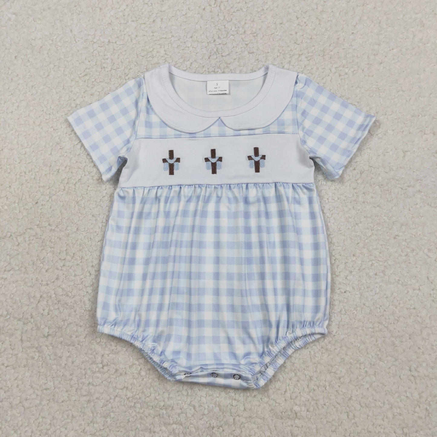 RTS SR3757 Embroidery Crosses Baby Boys Blue Checked Easter Collar Rompers
