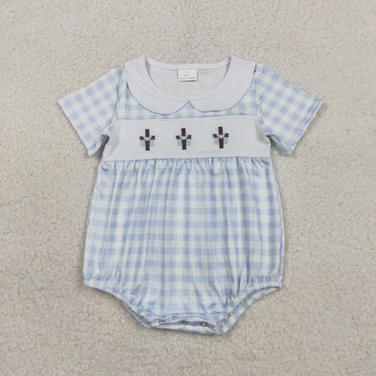 RTS SR3757 Embroidery Crosses Baby Boys Blue Checked Easter Collar Rompers
