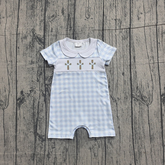 Sample SR3758 Cute Embroidery Crosses Baby Boys Blue Checked Easter Collar Rompers