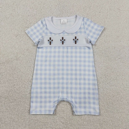 RTS SR3758 Embroidery Crosses Baby Boys Blue Checked Easter Collar Rompers