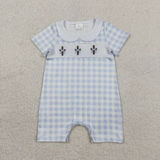 RTS SR3758 Embroidery Crosses Baby Boys Blue Checked Easter Collar Rompers