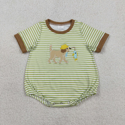 RTS SR3765 Embroidery Dog Fishes Baby Boys Short Sleeve Stripe Hunting Rompers
