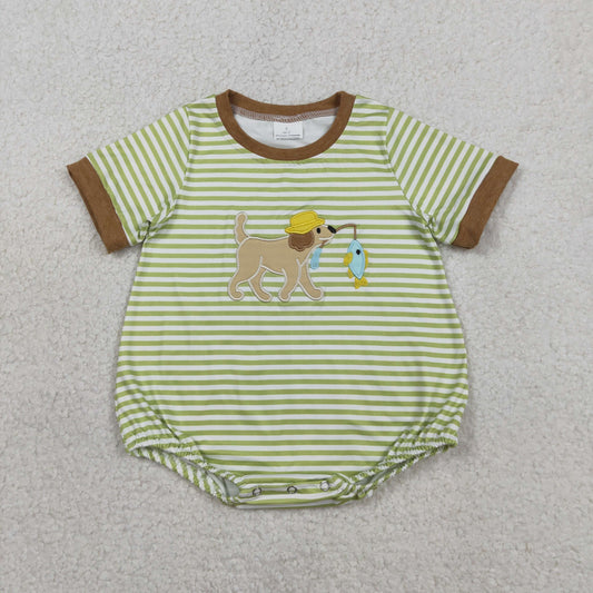 RTS SR3765 Embroidery Dog Fishes Baby Boys Short Sleeve Stripe Hunting Rompers