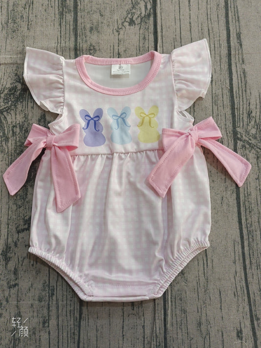 Sample SR3767 Cute Baby Girls Pink Checked Rabbits Bows Easter Ruffle Rompers