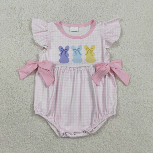 RTS SR3767 Baby Girls Pink Checked Rabbits Bows Easter Ruffle Rompers