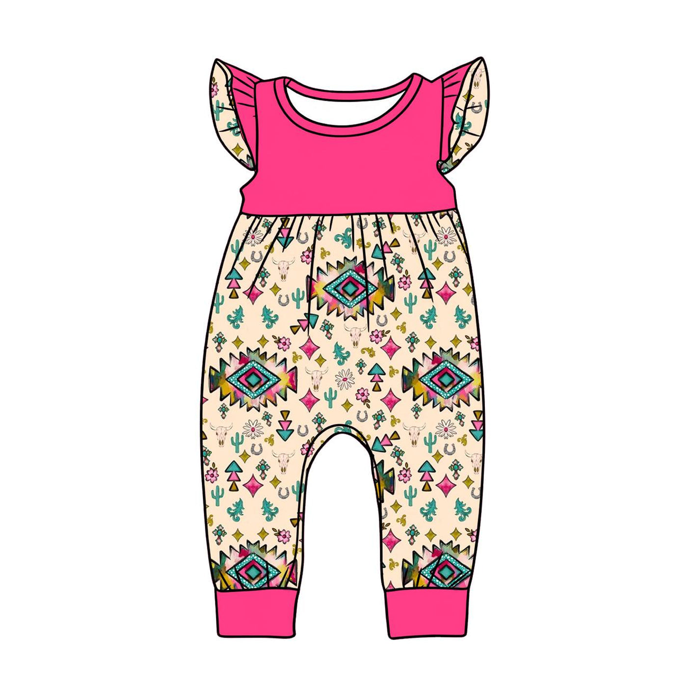 C12.10 SR3782 Baby Girls Flutter Sleeve Flowers Aztec Western Footie Rompers Preorder