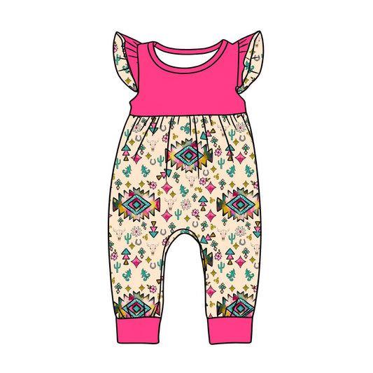 C12.10 SR3782 Baby Girls Flutter Sleeve Flowers Aztec Western Footie Rompers Preorder
