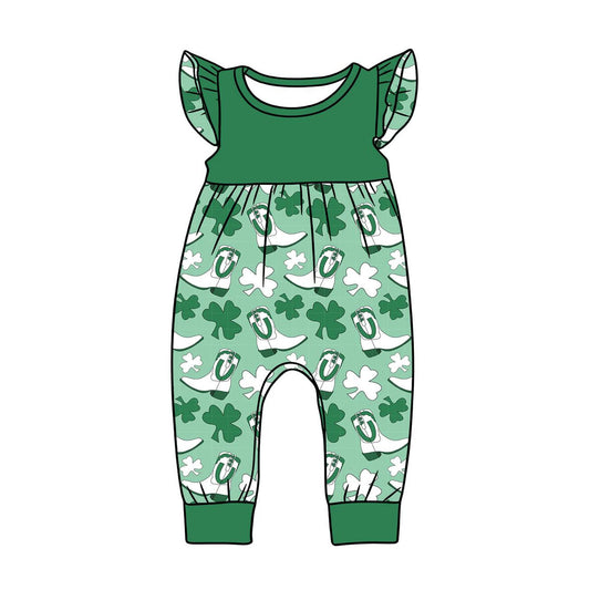 C12.10 SR3783 Baby Girls Flutter Sleeve Clovers Boots St Patrick Footie Rompers Preorder