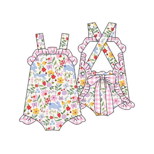 C12.10 SR3784 Baby Girls Strap Colorful Rabbit Flowers Back Bow Easter Ruffle Rompers Preorder