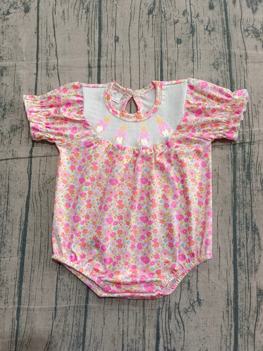 Sample SR3785 Cute Smocked Bow Rabbits Baby Girls Pink Flowers Easter Ruffle Rompers