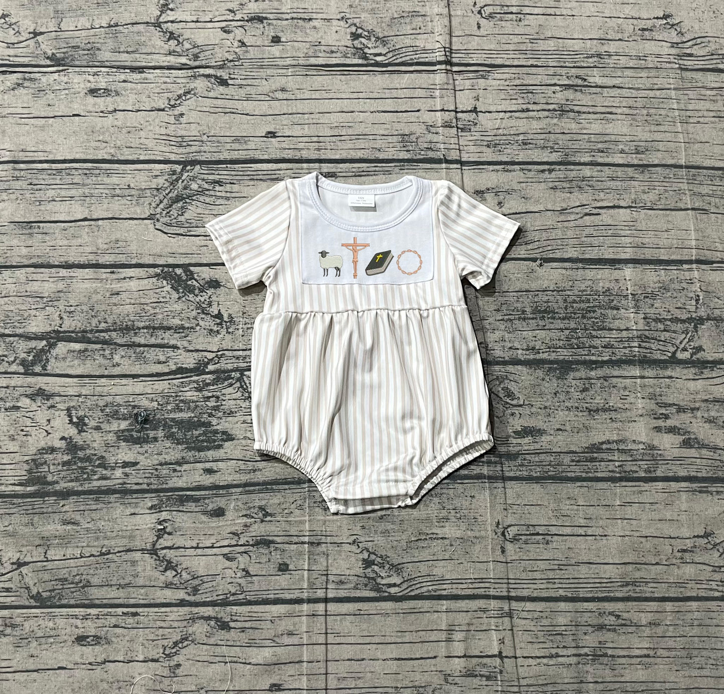 Sample SR3802 Cute Embroidery Cross Baby Boys Grey Stripe Easter Romper