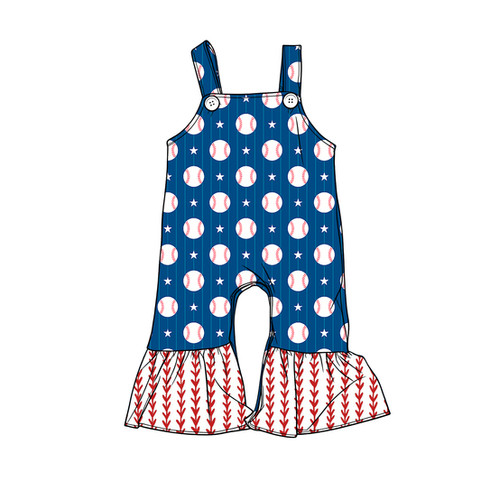 C12.12 SR3803 Baby Girls Strap Blue Stripe Stars Baseballs Ruffle Pant Team Rompers Preorder