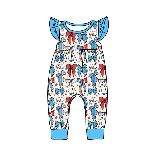 C12.12 SR3804 Baby Girls Flutter Sleeve Red Blue Stars Bows 4th of July Footie Rompers Preorder