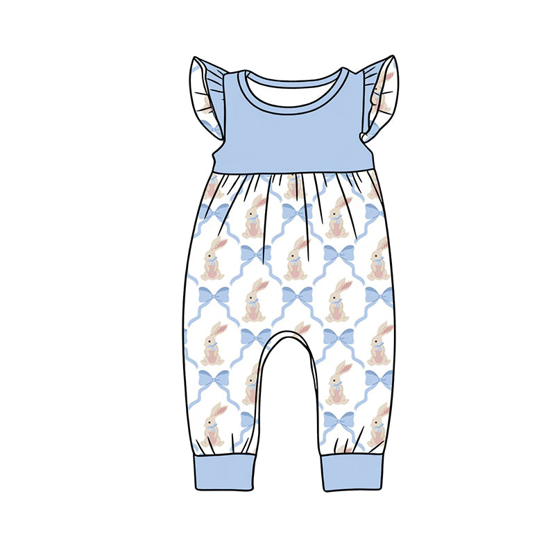 C12.13 SR3806 Baby Girls Flutter Sleeve Bows Rabbits Checked Easter Footie Rompers Preorder